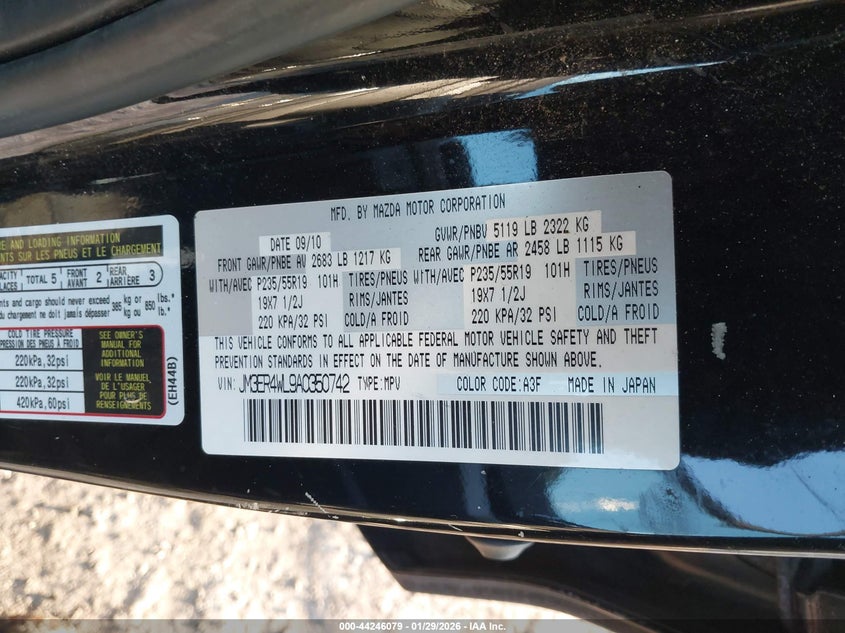 2010 Mazda Cx-7 S Grand Touring VIN: JM3ER4WL9A0350742 Lot: 44246079