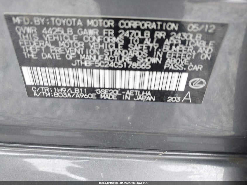 JTHBF5C24C5178565 2012 Lexus Is 250 2.5 grey