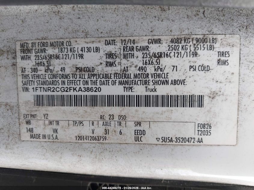 2015 Ford Transit-250 VIN: 1FTNR2CG2FKA38620 Lot: 44246278