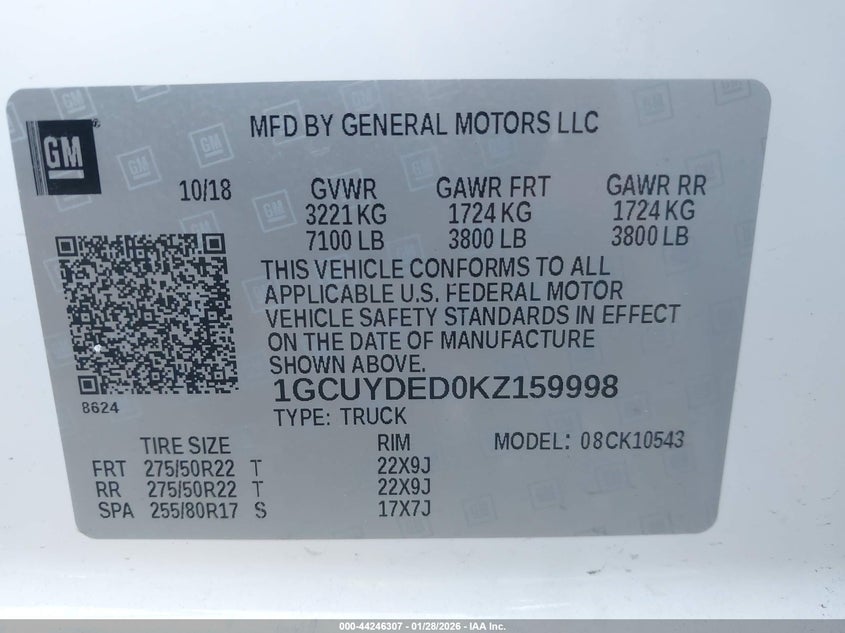 2019 Chevrolet Silverado 1500 Lt VIN: 1GCUYDED0KZ159998 Lot: 44246307