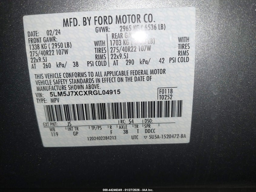 VIN 5LM5J7XCXRGL04915 2024 LINCOLN AVIATOR RESERVE