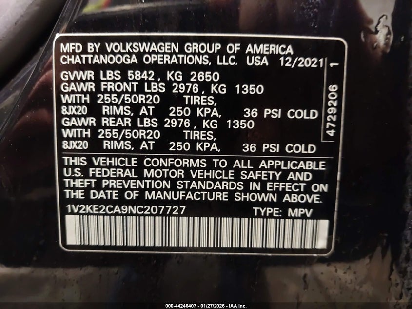 2022 Volkswagen Atlas Cross Sport 3.6L V6 Se W/Technology VIN: 1V2KE2CA9NC207727 Lot: 44246407