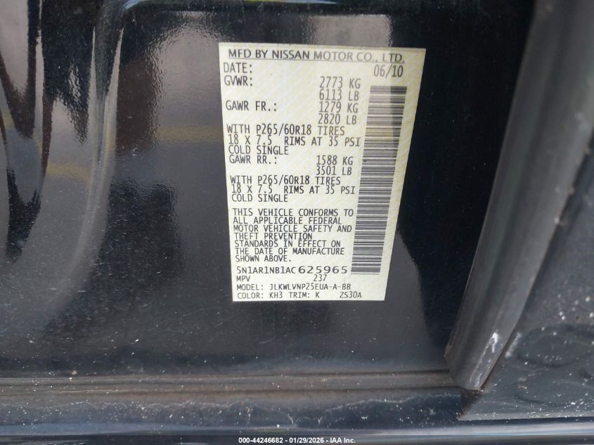 2010 Nissan Pathfinder Le VIN: 5N1AR1NB1AC625965 Lot: 44246682