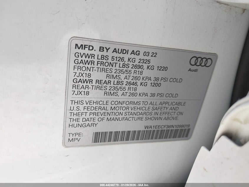 2022 Audi Q3 Premium Plus 45 Tfsi S Line Quattro Tiptronic VIN: WA1EECF36N1098019 Lot: 44246779
