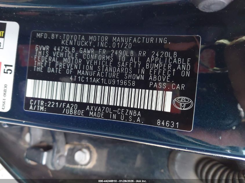 2020 Toyota Camry Le VIN: 4T1C11AK1LU919658 Lot: 44246910