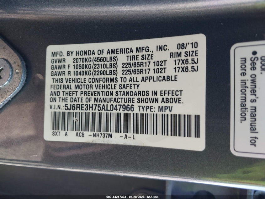 2010 Honda Cr-V Ex-L VIN: 5J6RE3H75AL047966 Lot: 44247334