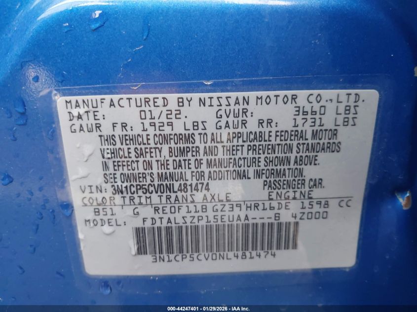 2022 Nissan Kicks Sv Xtronic Cvt VIN: 3N1CP5CV0NL481474 Lot: 44247401