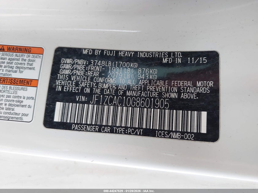 2016 Subaru Brz Limited VIN: JF1ZCAC10G8601905 Lot: 44247529