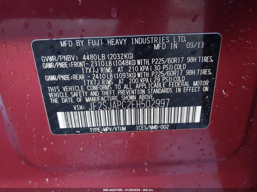 2014 Subaru Forester 2.5I Touring VIN: JF2SJAPC2EH502997 Lot: 44247590