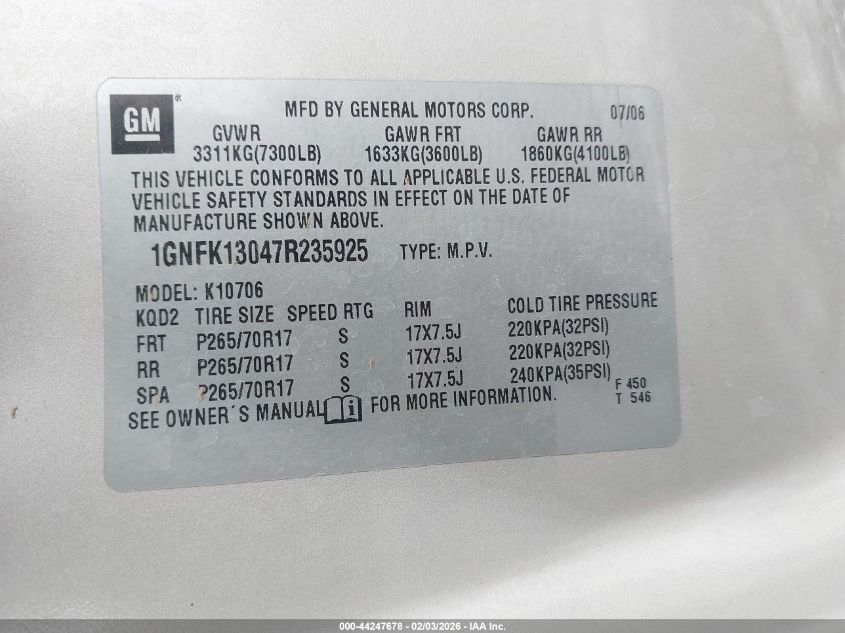 2007 Chevrolet Tahoe Lt VIN: 1GNFK13047R235925 Lot: 44247678