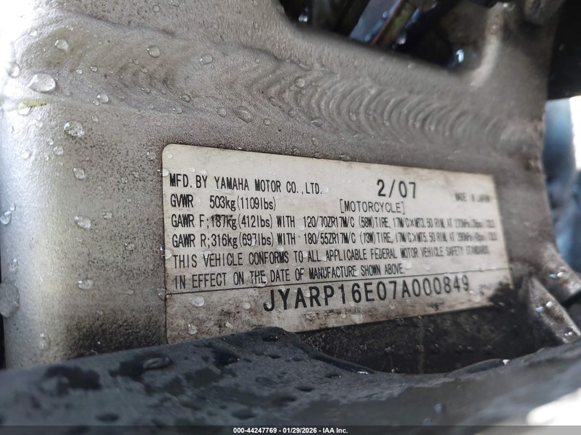 2007 Yamaha Fjr1300 As VIN: JYARP16E07A000849 Lot: 44247769