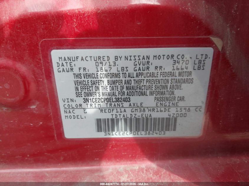 2014 Nissan Versa Note Sv VIN: 3N1CE2CP0EL382403 Lot: 44247774