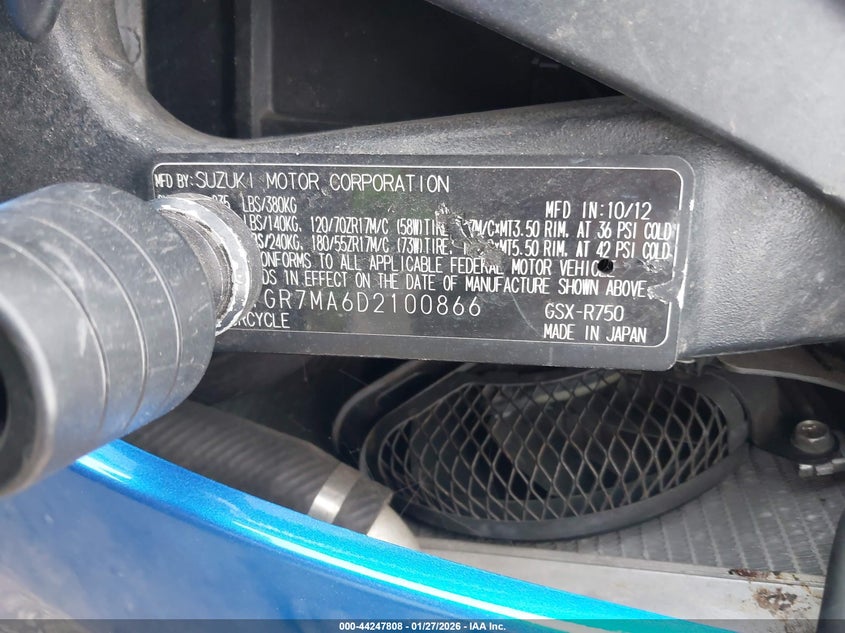2013 Suzuki Gsx-R750 VIN: JS1GR7MA6D2100866 Lot: 44247808