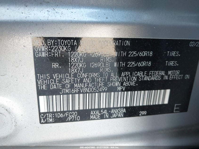 VIN JTM16RFV8ND052499 2022 TOYOTA RAV4 HYBRID SE