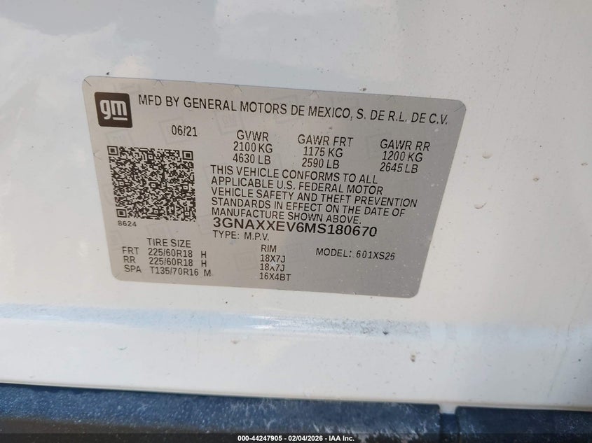 2021 CHEVROLET EQUINOX VIN: 3GNAXXEV6MS180670