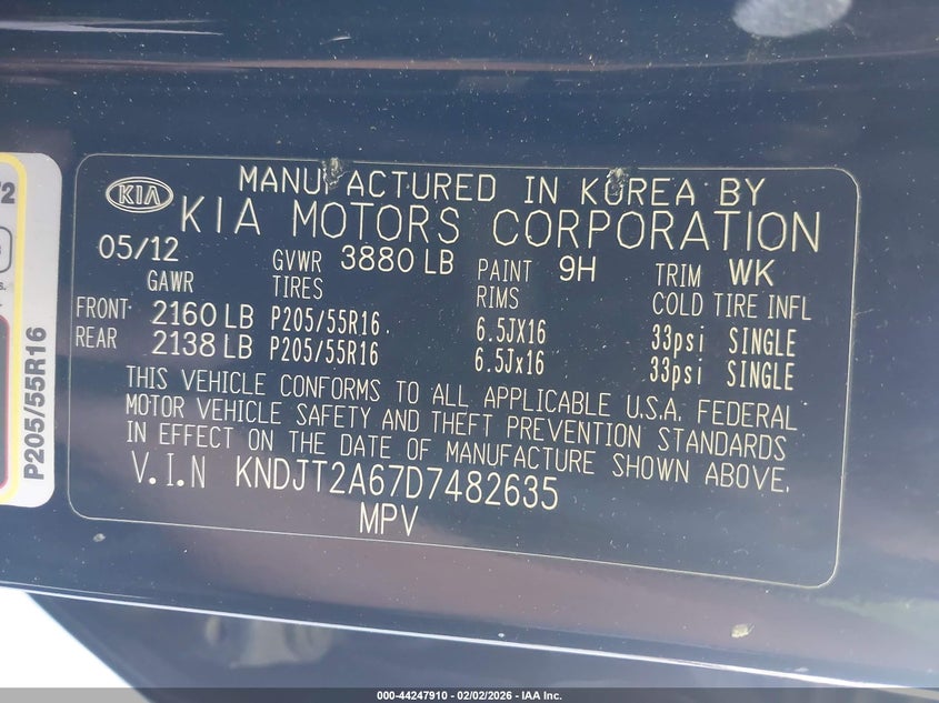 2013 Kia Soul + VIN: KNDJT2A67D7482635 Lot: 44247910