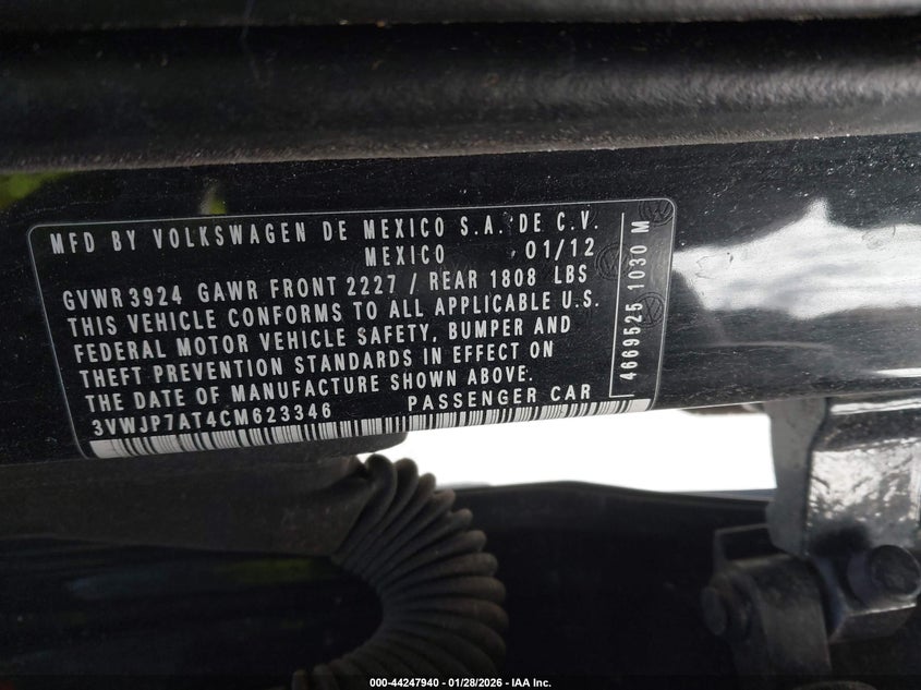 2012 Volkswagen Beetle 2.5L VIN: 3VWJP7AT4CM623346 Lot: 44247940