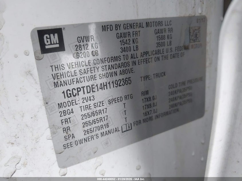 2017 Chev Colorado Z71 Crew Ca Z71 VIN: 1GCPTDE14H1192365 Lot: 44248052