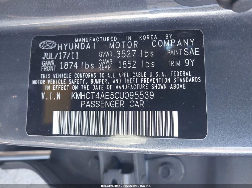 2012 Hyundai Accent Gls VIN: KMHCT4AE5CU095539 Lot: 44248053