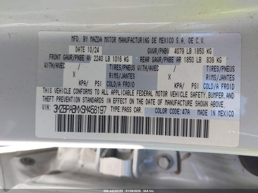 VIN 3MZBPABMXSM458197 2025 MAZDA MAZDA3 2.5 S SELECT SPORT