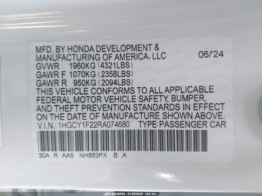 VIN 1HGCY1F22RA074680 2024 HONDA ACCORD LX