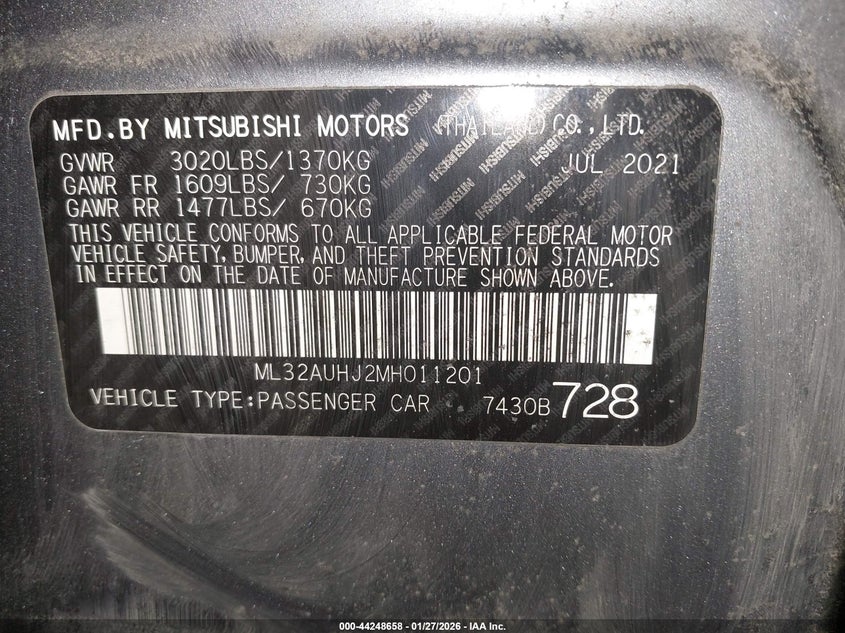 VIN ML32AUHJ2MH011201 2021 MITSUBISHI MIRAGE CARBONITE EDITION/ES/LE