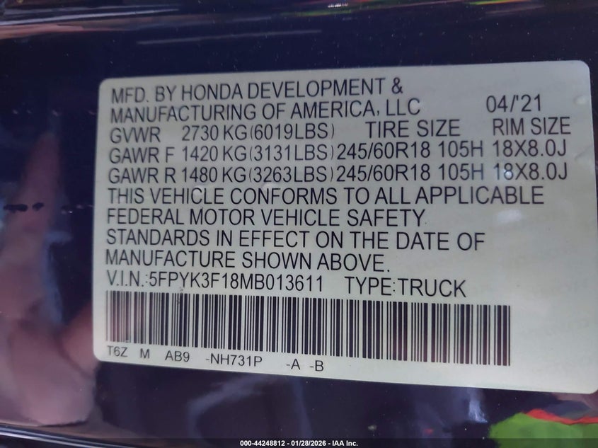 VIN 5FPYK3F18MB013611 2021 HONDA RIDGELINE AWD SPORT