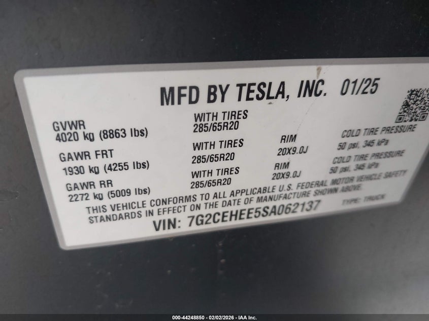 2025 Tesla Cybertruck Cyberbeast VIN: 7G2CEHEE5SA062137 Lot: 44248850