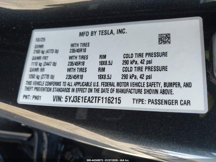2026 Tesla Model 3 Premium Rear-Wheel Drive/Standard Rear-Wheel Drive VIN: 5YJ3E1EA2TF116215 Lot: 44248873