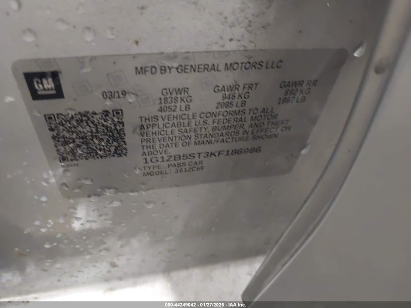 VIN 1G1ZB5ST3KF186986 2019 CHEVROLET MALIBU 1LS