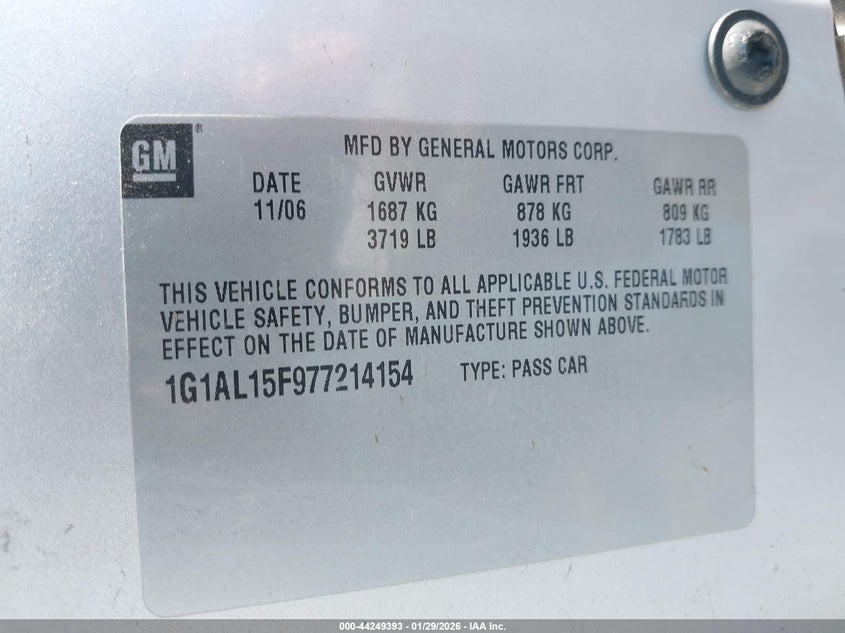 2007 Chevrolet Cobalt Lt VIN: 1G1AL15F977214154 Lot: 44249393