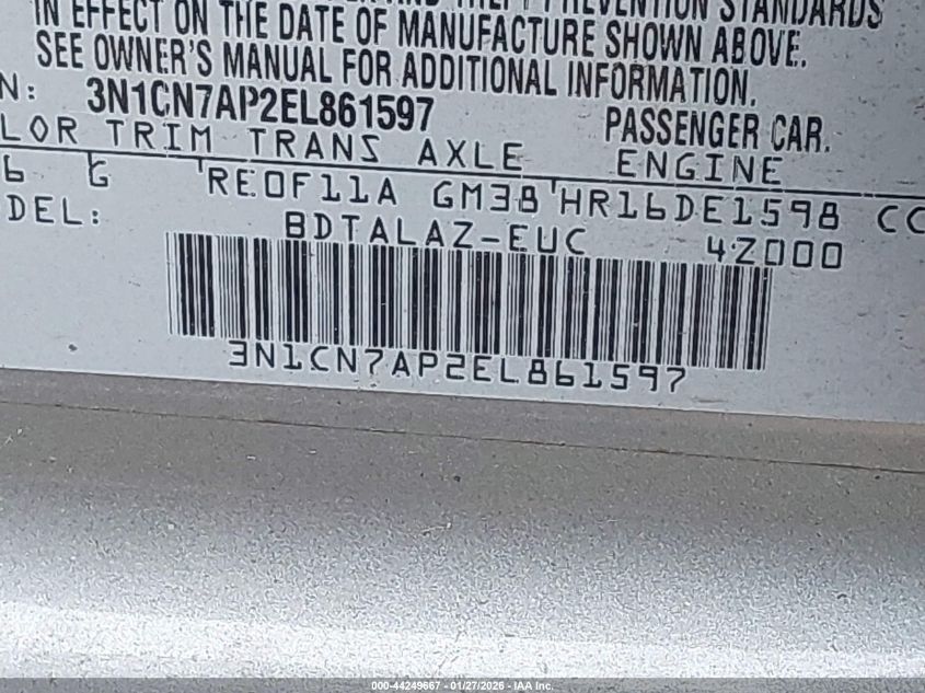 2014 Nissan Versa 1.6 S+ VIN: 3N1CN7AP2EL861597 Lot: 44249667