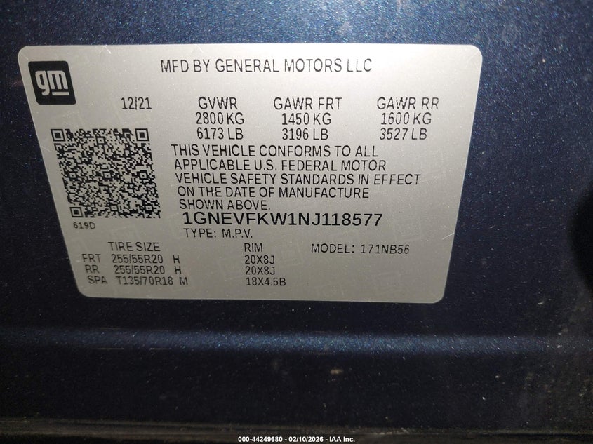 2022 Chevrolet Traverse Awd Ls VIN: 1GNEVFKW1NJ118577 Lot: 44249680