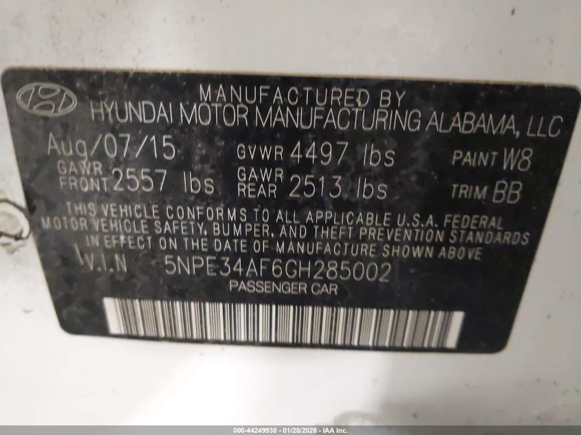 2016 Hyundai Sonata Sport VIN: 5NPE34AF6GH285002 Lot: 44249938