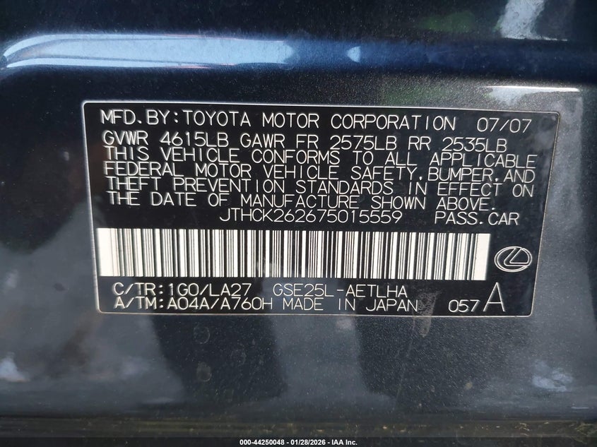 2007 Lexus Is 250 VIN: JTHCK262675015559 Lot: 44250048
