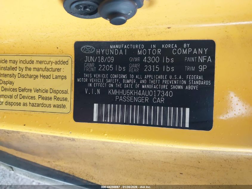 2010 Hyundai Genesis 3.8 Track VIN: KMHHU6KH4AU017340 Lot: 44250067