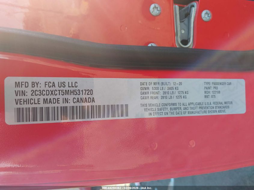 2021 Dodge Charger R/T Rwd VIN: 2C3CDXCT5MH531720 Lot: 44250362