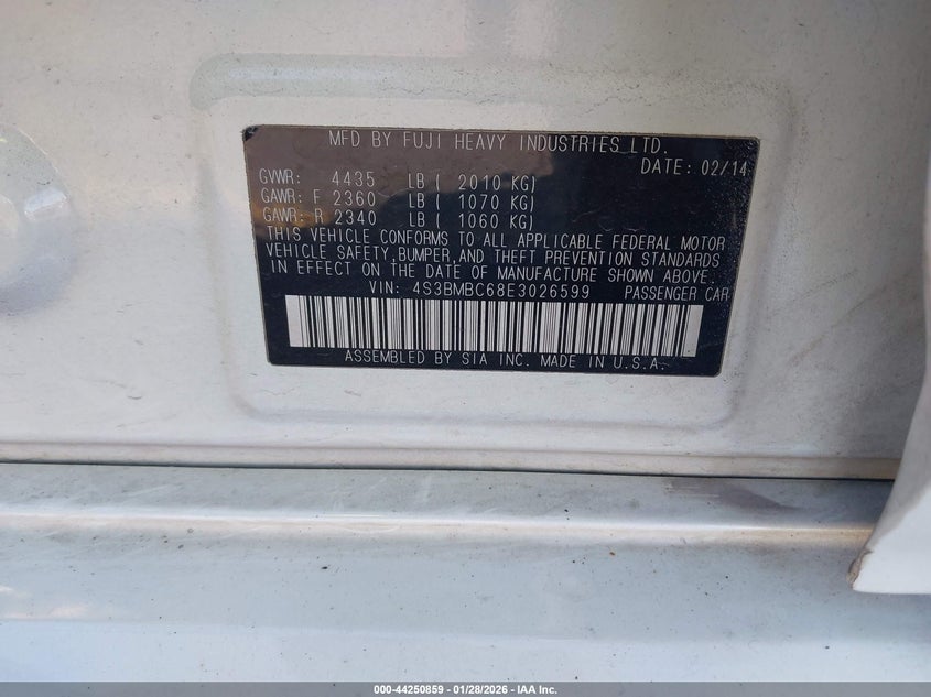 2014 Subaru Legacy 2.5I Premium VIN: 4S3BMBC68E3026599 Lot: 44250859