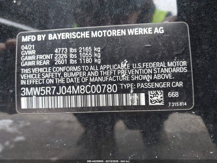 2021 BMW 330I xDrive VIN: 3MW5R7J04M8C00780 Lot: 44250905