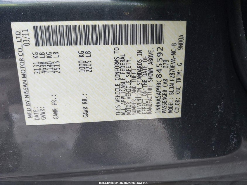 2011 Nissan Maxima 3.5 Sv VIN: 1N4AA5AP9BC845592 Lot: 44250962