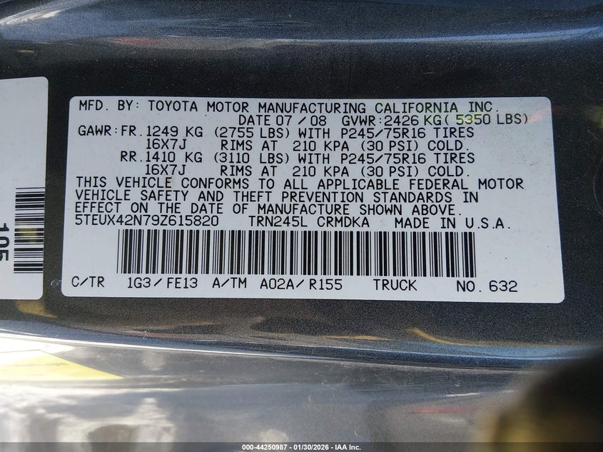 2009 Toyota Tacoma VIN: 5TEUX42N79Z615820 Lot: 44250987