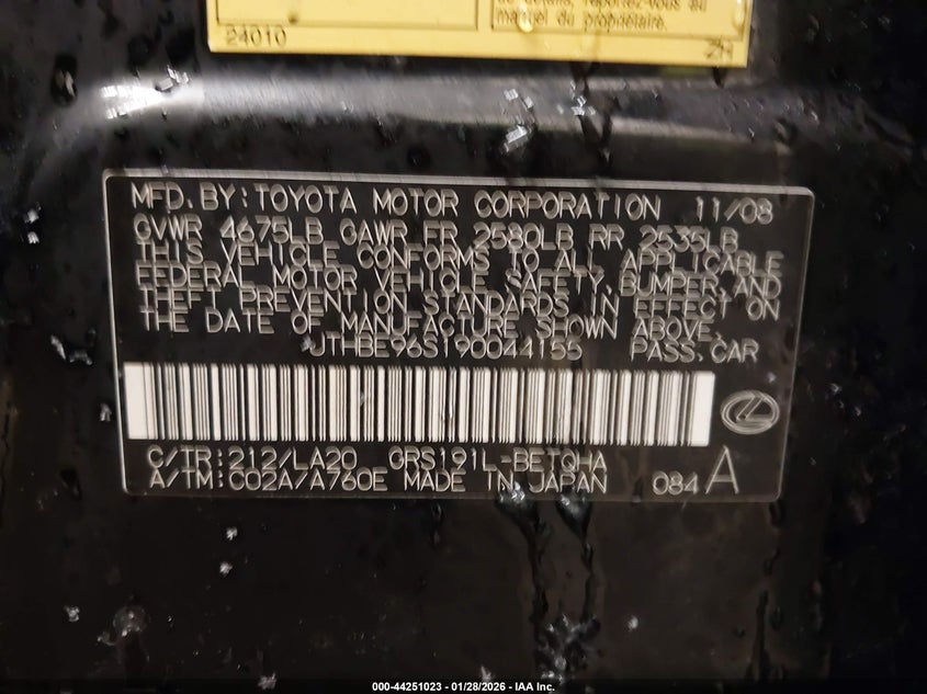 2009 Lexus Gs 350 VIN: JTHBE96S190044155 Lot: 44251023