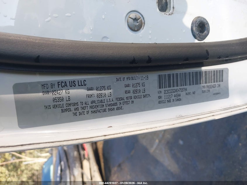 2019 Dodge Challenger Sxt Awd VIN: 2C3CDZGGXKH759704 Lot: 44251027