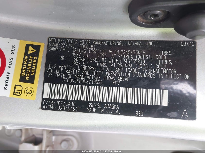 2013 Toyota Highlander Limited V6 VIN: 5TDDK3EH0DS219636 Lot: 44251609