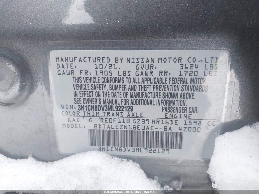 2021 Nissan Versa S Xtronic Cvt VIN: 3N1CN8DV3ML922129 Lot: 44251633