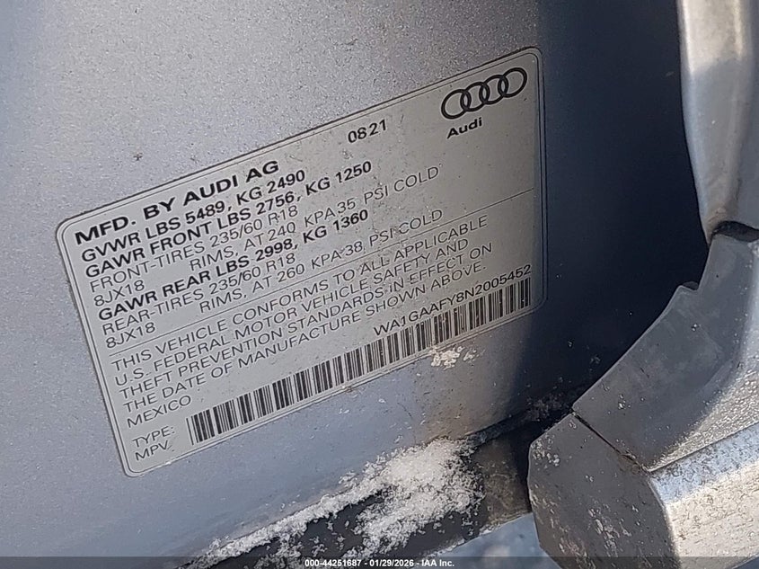 2022 AUDI Q5 2.0L I-4 DI, DOHC, V(VIN: WA1GAAFY8N2005452