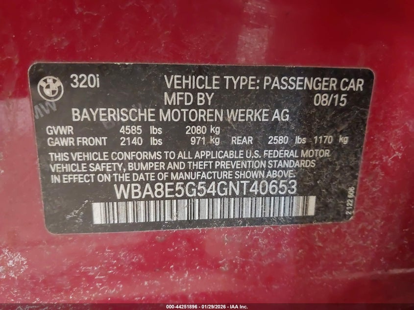 2016 BMW 320I xDrive VIN: WBA8E5G54GNT40653 Lot: 44251896