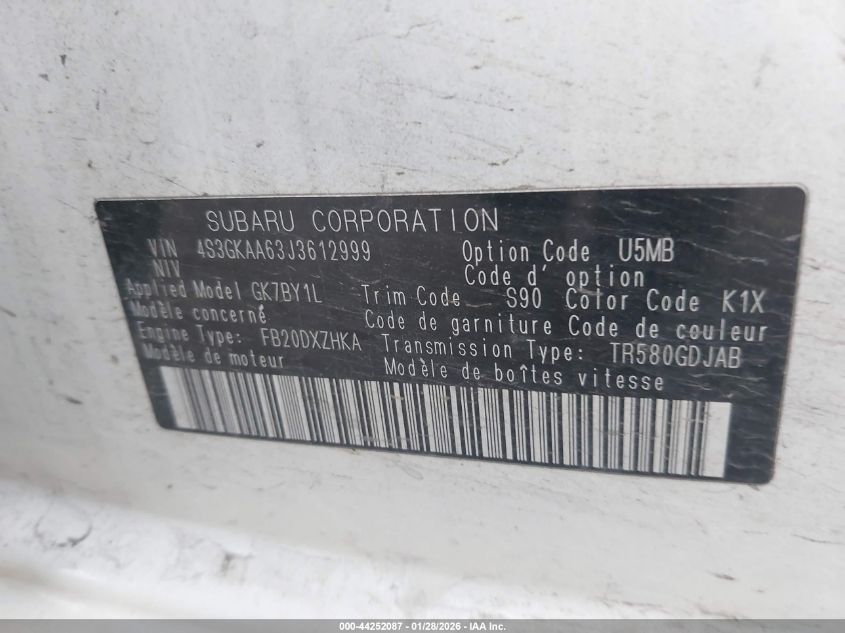 2018 Subaru Impreza 2.0I VIN: 4S3GKAA63J3612999 Lot: 44252087