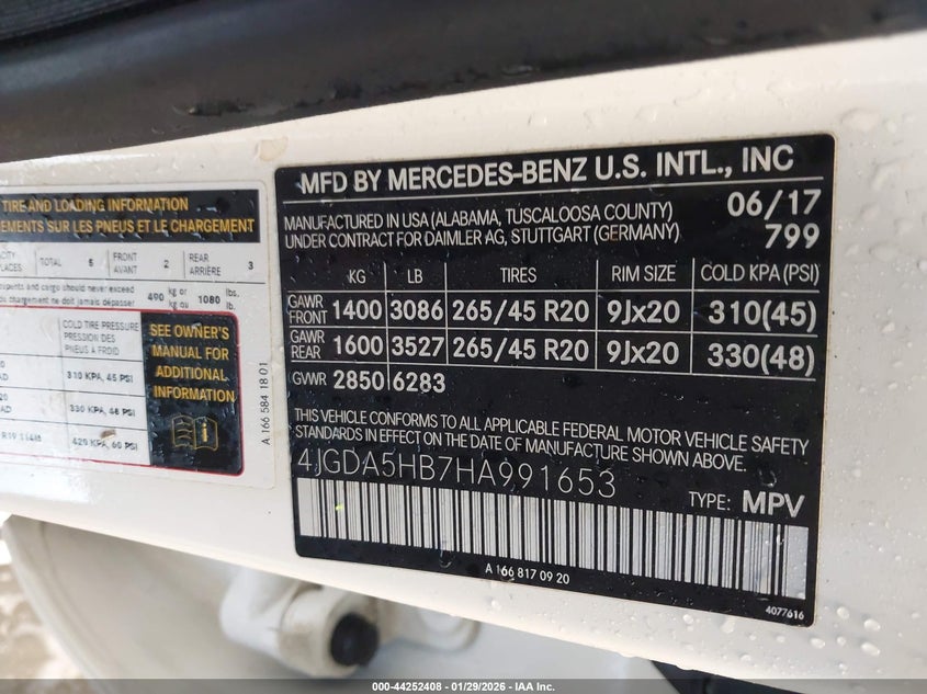 2017 Mercedes-Benz Gle 350 4Matic VIN: 4JGDA5HB7HA991653 Lot: 44252408