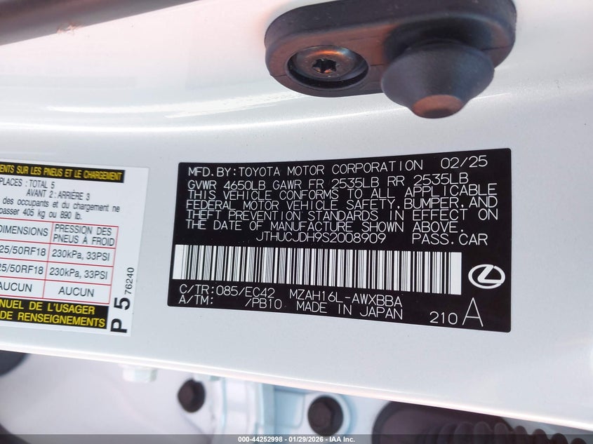 2025 Lexus Ux 300H Premium VIN: JTHUCJDH9S2008909 Lot: 44252998